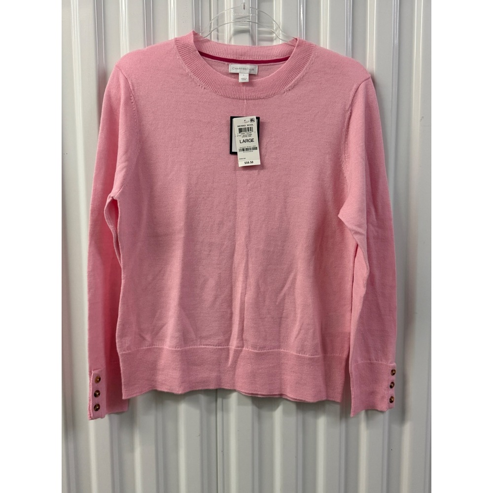 Charter Club Sweater Women L Pink NEW Merino Wool Button Cuff 100104750MS